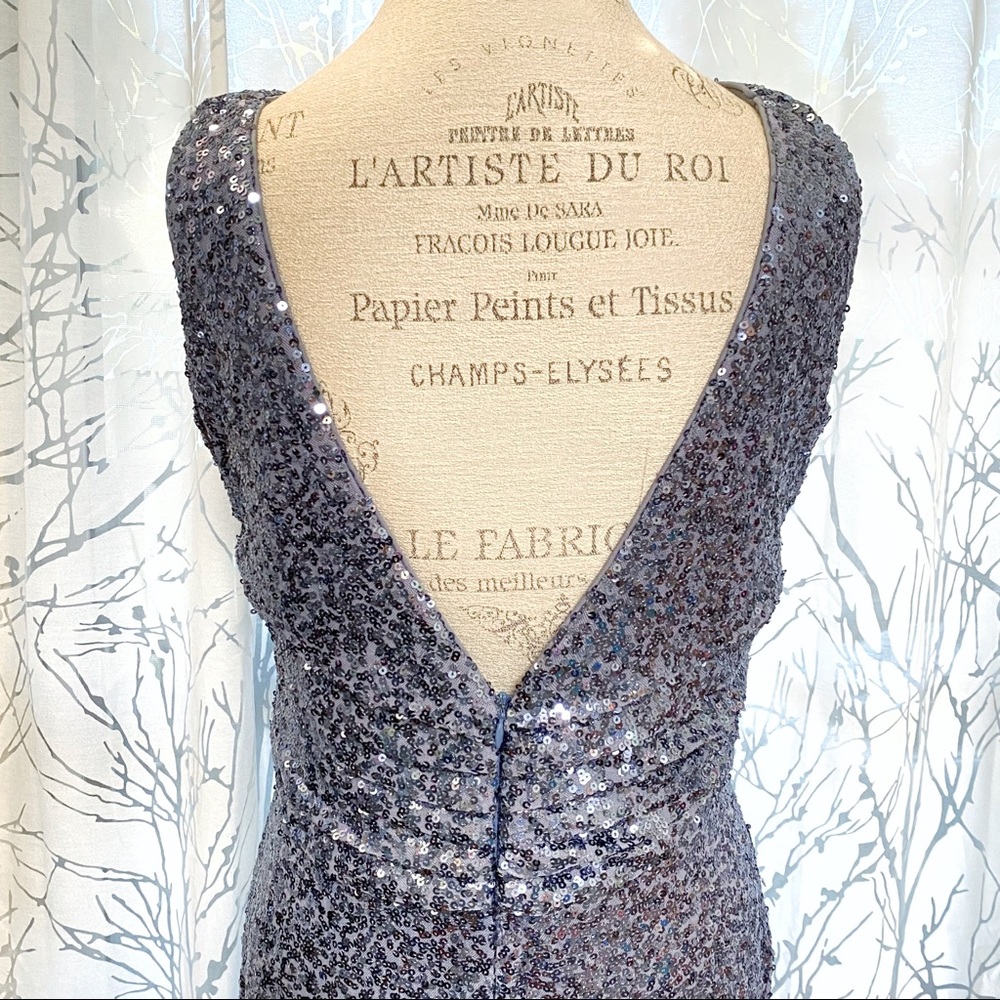 Badgley Mischka blue sequin sleeveless high neck low V open back long gown dress - Picture 9 of 16